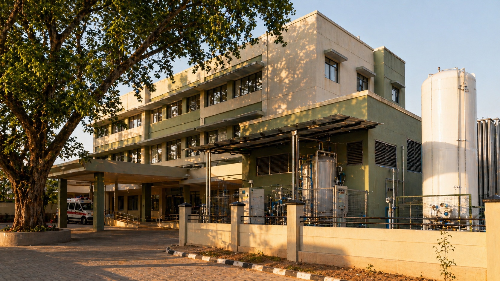 PM-ABHIM critical-care block with on-site PSA oxygen plant and LMO tank — the post-COVID architectural baseline