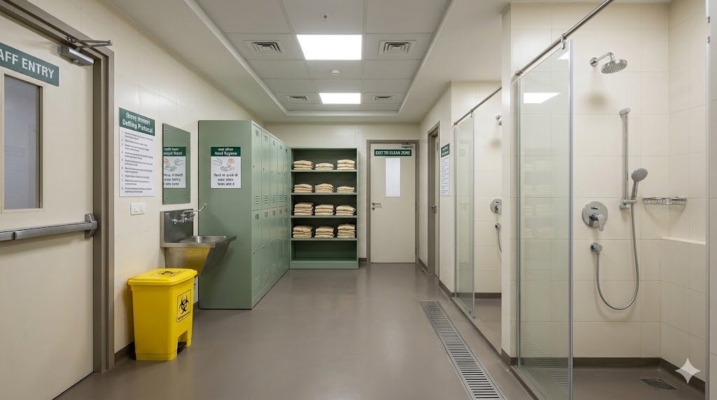 Staff decontamination shower and clean change room — separated entry/exit doors, lockers, fresh-uniform shelving