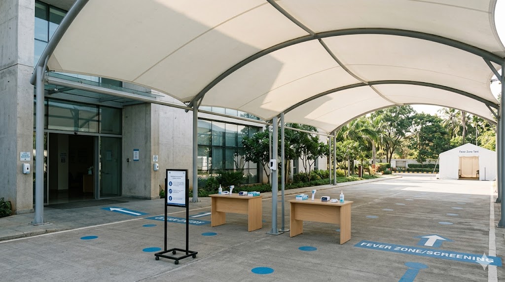 Triage and screening canopy at hospital entry — 2-metre queue markings, two screening stations, separated routes