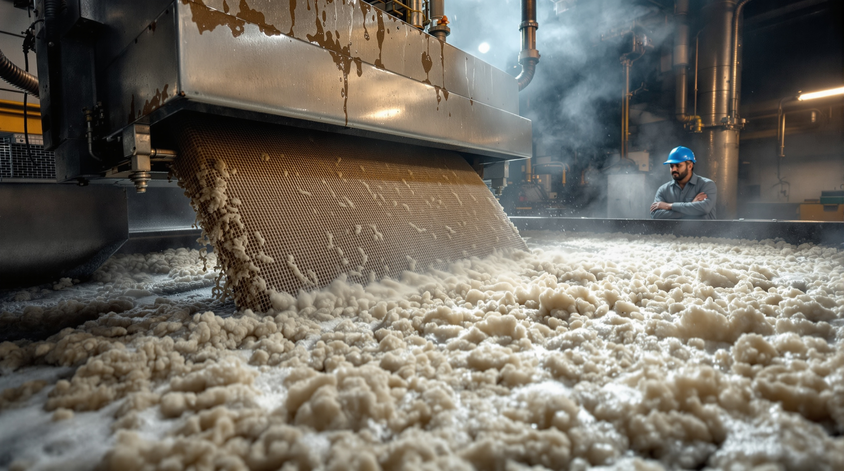 Close-up of a rotating drum save-all recovering brown pulp fibre from paper-machine white water at an Indian paper mill