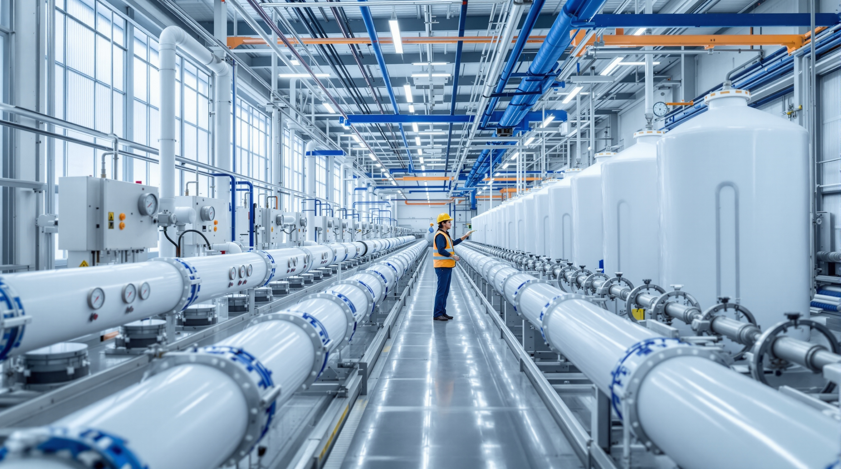 Rows of reverse osmosis membrane pressure vessels polishing treated paper mill water for reuse at an Indian effluent plant