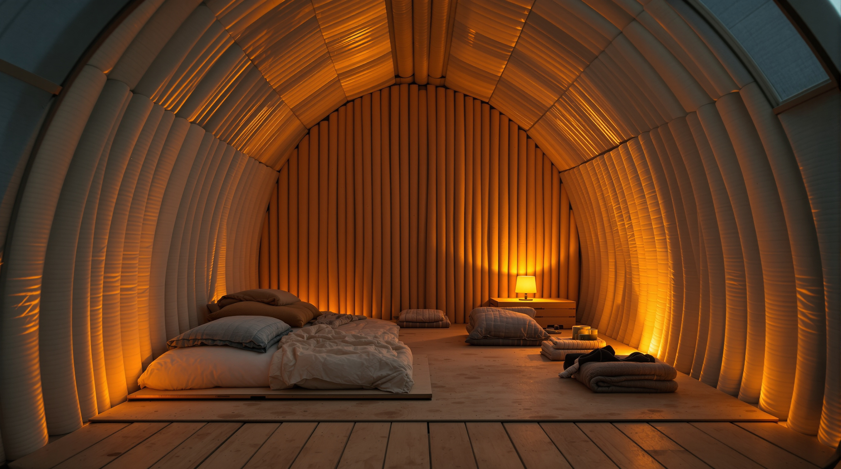Interior of a single-room Paper Log House at night, warm lamplight glowing through the ribbed cardboard-tube walls, a plywood floor with bedding and a few possessions, the translucent tent roof above — modest but recognisably a home rather than a tent