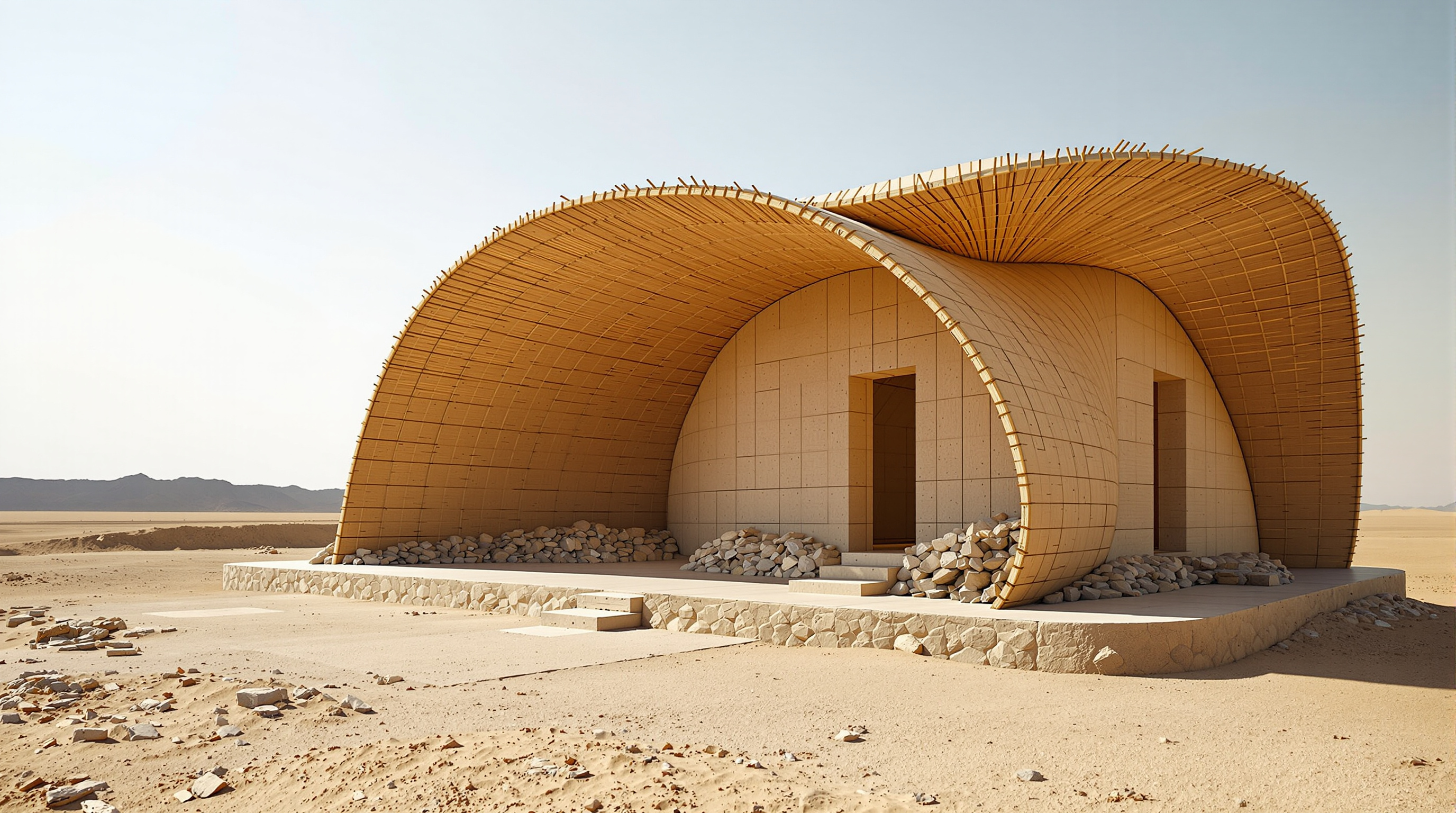 A Paper Log House built in Bhuj, Kutch, after the 2001 Gujarat earthquake: cardboard-tube walls rising from a foundation of salvaged earthquake rubble with a smooth mud floor, roofed by a curved vault of split bamboo ribs covered in woven cane matting, set against the arid Gujarat landscape