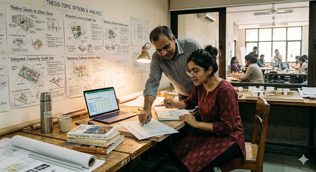 Medium wide photograph of a junior computational designer at her workstation at a Bengaluru architectural practice, the desk has a triple-monitor setup with Rhino + Grasshopper + Excel visible, the designer in her late twenties wearing a beige kurta is deep in conversation with a senior architect standing behind her in a dark shirt who is pointing to a structural facade optimization result on screen, behind them an open studio with other architects at desks and large-format printed parametric facade drawings on the wall, late afternoon natural light from a large window, professional Indian practice environment, collaborative computational design moment