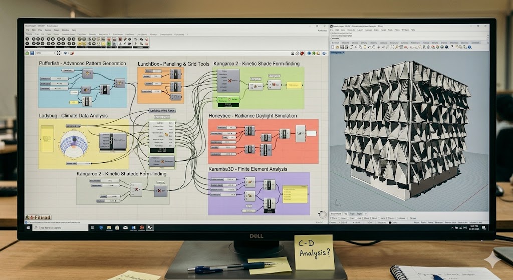 Close-up photograph of a computer monitor displaying a complex Grasshopper canvas for an Indian thesis project on parametric facade design, the canvas filled with dozens of interconnected components in clusters — geometry components Pufferfish + LunchBox, physics components Kangaroo 2 solver, daylight analysis Ladybug + Honeybee, structural FEA Karamba3D all visible as labelled component clusters with data lines running between them like a circuit board, on the side of the monitor the Rhino viewport showing the resulting climate-responsive facade pattern in iso view, soft ambient lighting, the screen as primary subject
