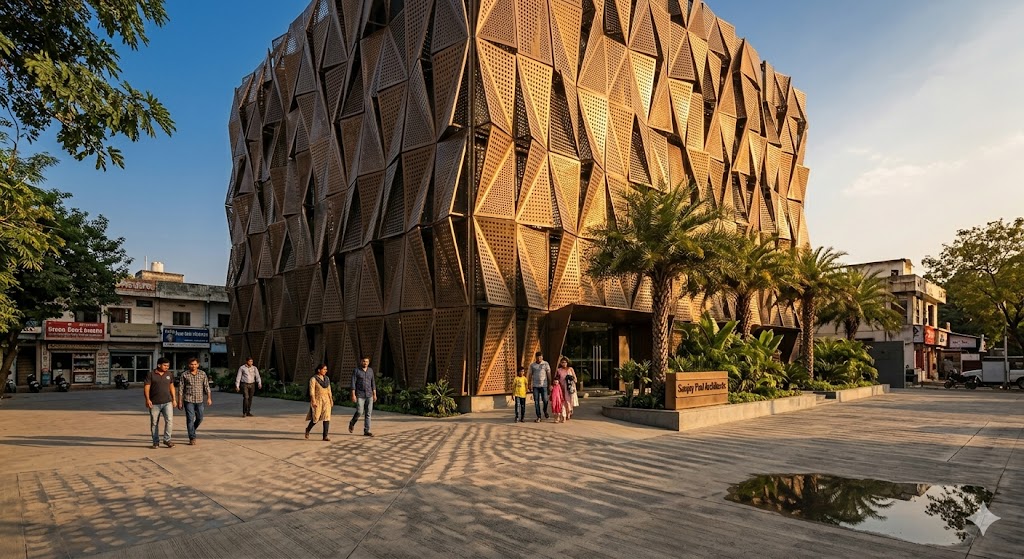 Wide-angle ground-level photograph of a contemporary Indian commercial building with a notable parametric facade in late afternoon sun, the facade composed of approximately 200 perforated bronze metal panels each at slightly different rotation angles creating a wave-like rhythm responding to sun-path optimisation, the building in a warm Indian context with palm trees at the entrance and pedestrians walking past, the dramatic shadows cast by the facade falling onto the pavement in articulated patterns, blue sky with subtle haze, an Indian context where computational design meets practice, architectural-photography quality