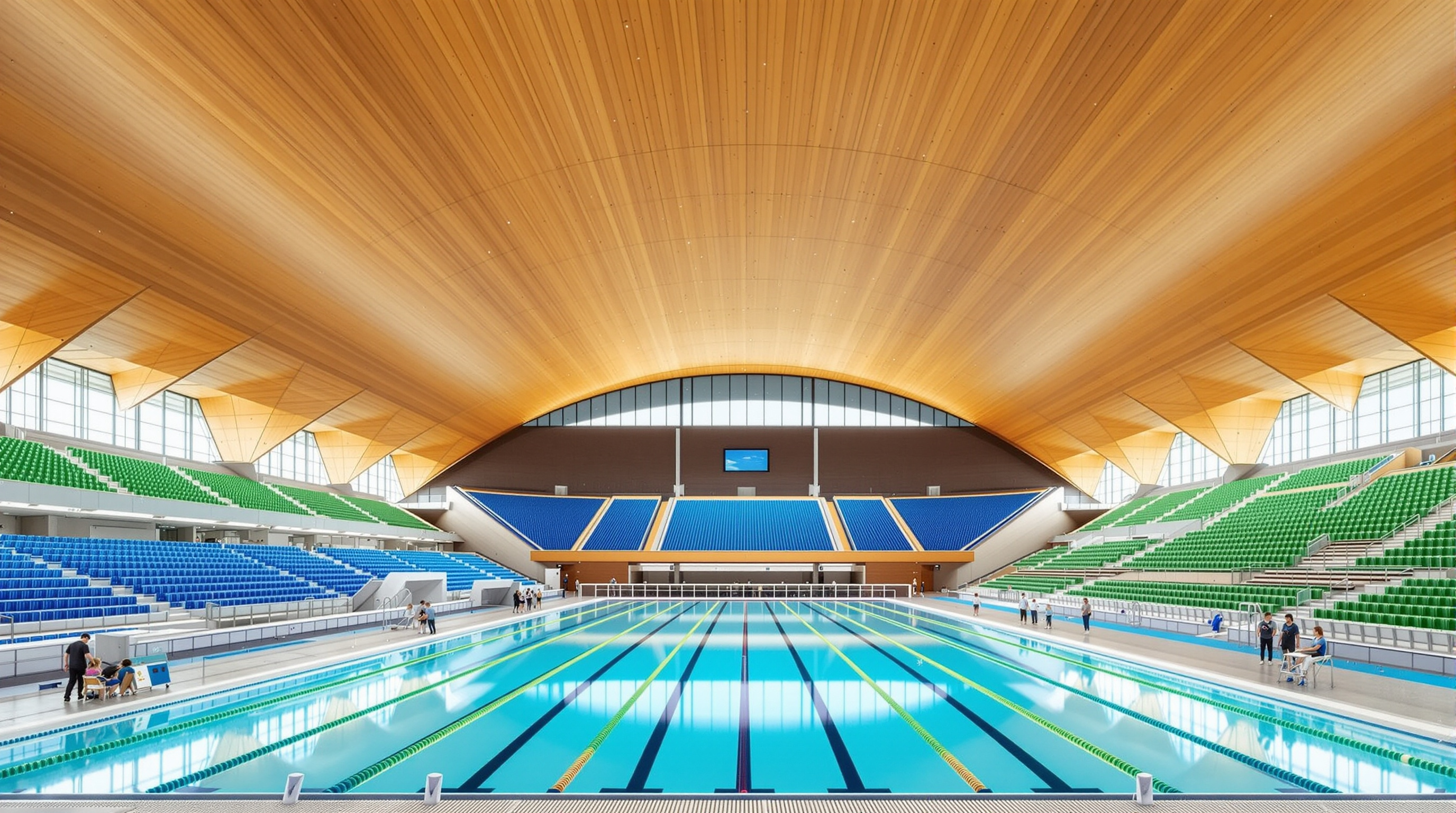 Interior of the Aquatics Centre during competition: the warm timber catenary ceiling curving low over a fifty-metre pool, raked stands of blue and green recycled-plastic seats rising on both sides, daylight washing in through the fully glazed end walls