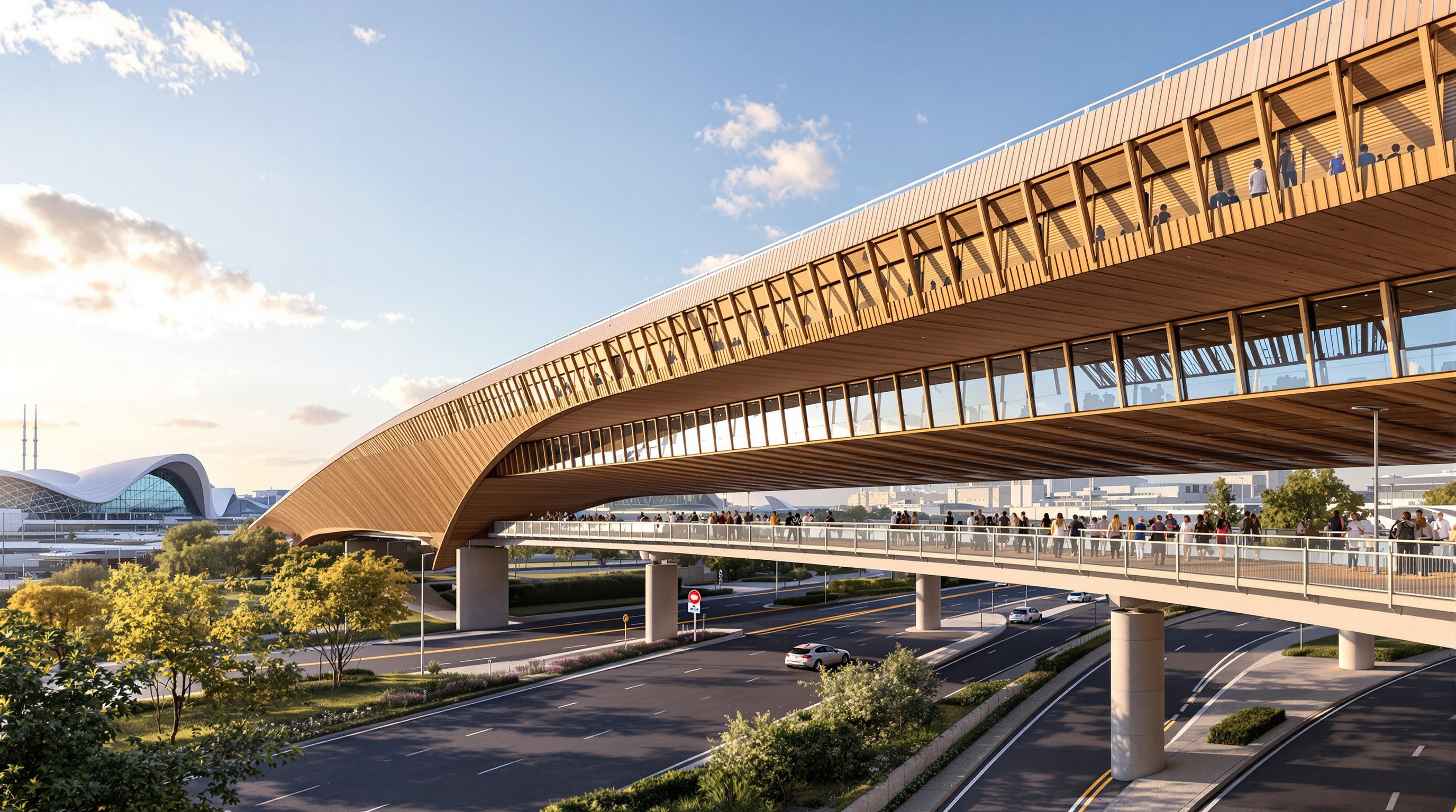 The pedestrian footbridge of the Aquatics Centre: a broad timber-decked overpass spanning the multi-lane A1 motorway, carrying people on foot from the Stade de France esplanade toward the glazed swimming hall, with the concave timber roofline low on the horizon