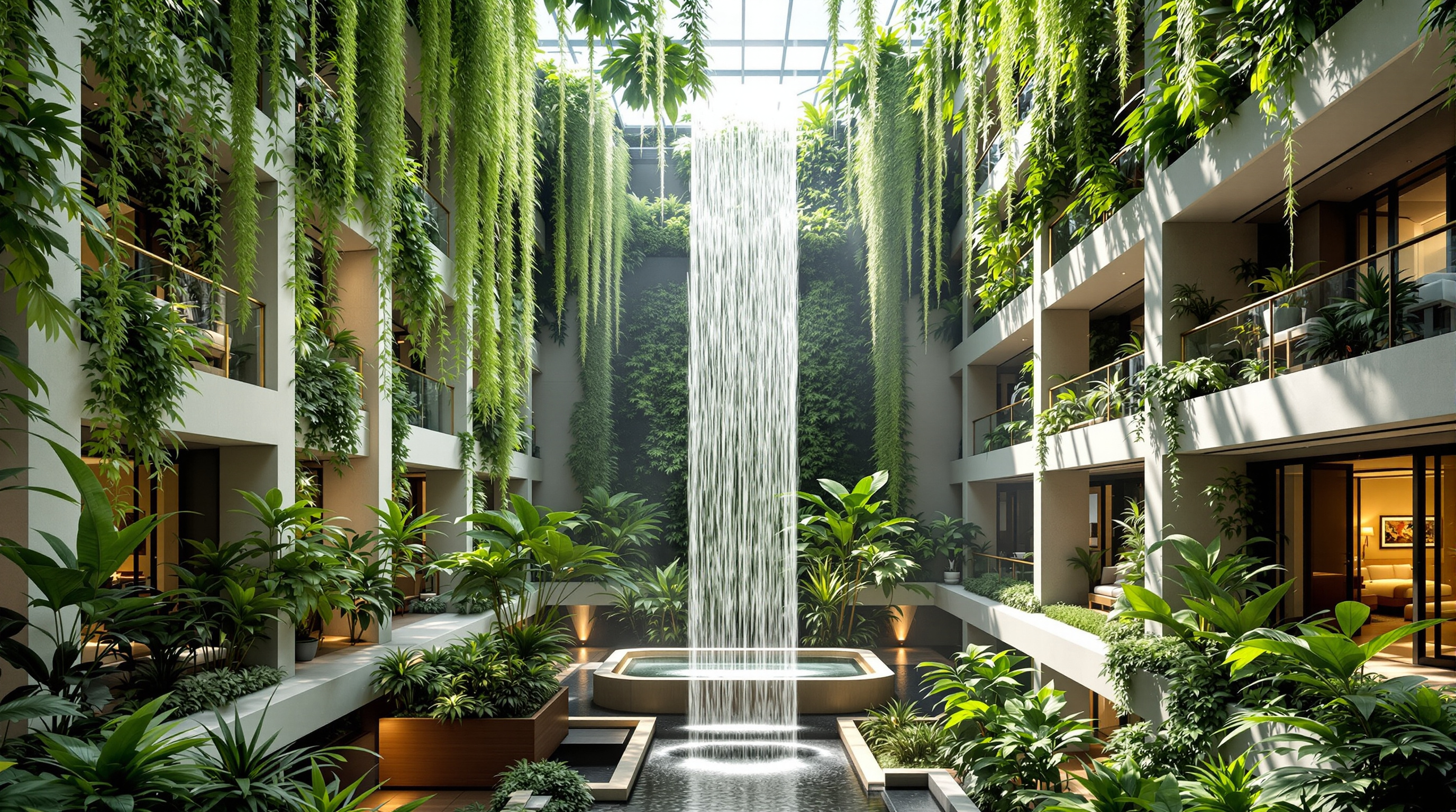 Looking up through one of the four-storey sky garden voids at Parkroyal Pickering, sunlight filtering past hanging tropical foliage and vertical green walls, a naturally ventilated open-air corridor with guest-room windows opening onto the planted terrace