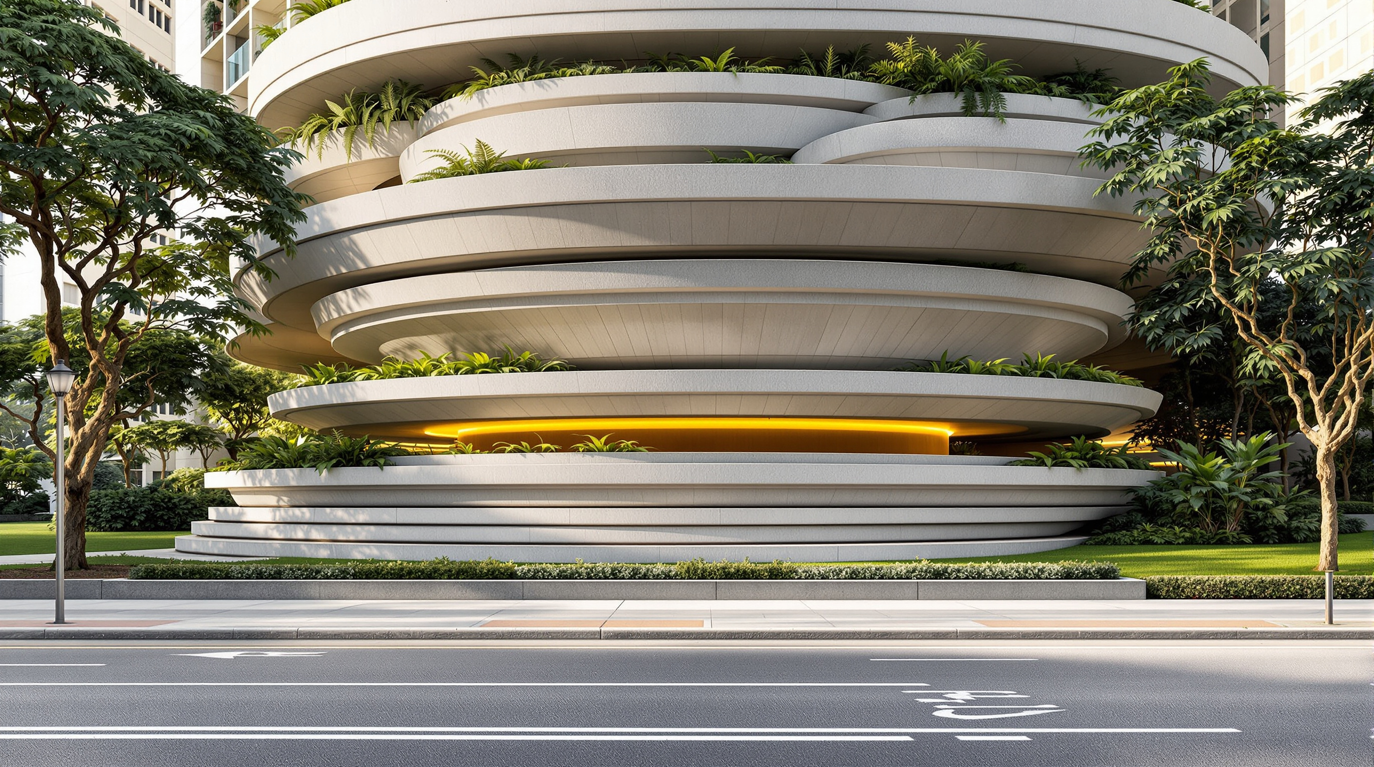 The contoured, layered concrete podium of Parkroyal Pickering at street level, its rounded precast terraces resembling stacked rice paddies and bonsai rock, planted edges meeting the pavement beside Hong Lim Park in downtown Singapore