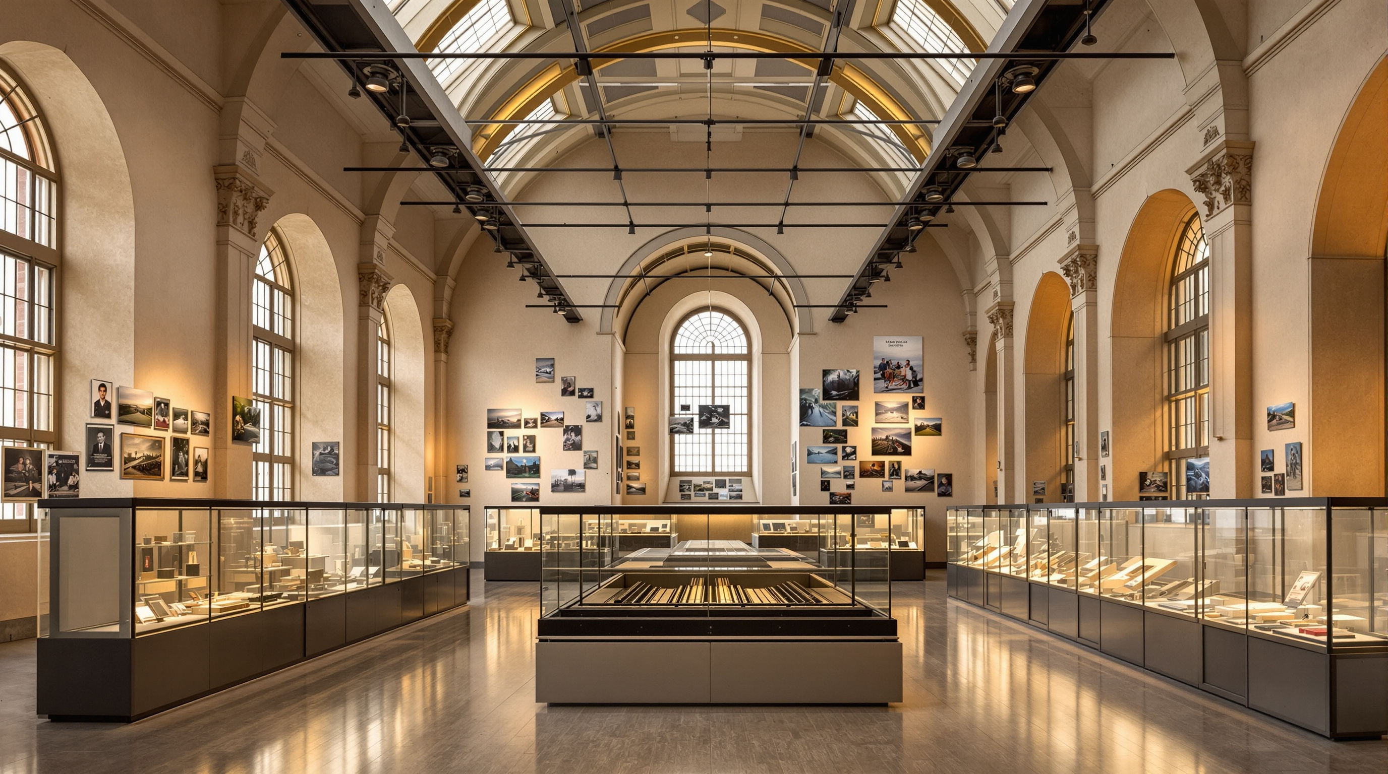 A high-ceilinged gallery inside the Partition Museum with restored plaster walls and tall arched windows, a reconstructed 1947 railway platform installation and hanging photographs, warm directional lighting picking out donated objects in glass vitrines