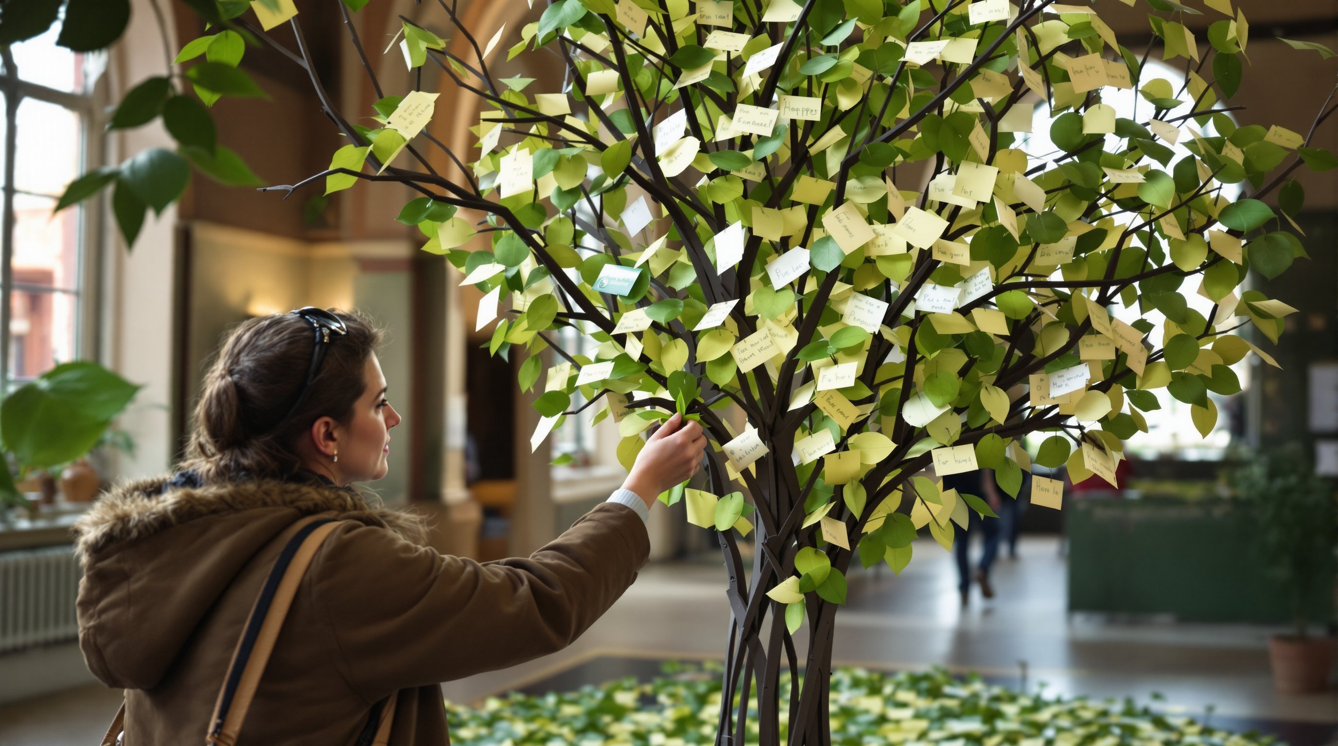A visitor tying a green paper leaf onto the metal 'Tree of Hope' at the exit of the Partition Museum, hundreds of handwritten message-leaves already gathered on its branches inside a softly lit gallery of the restored Town Hall