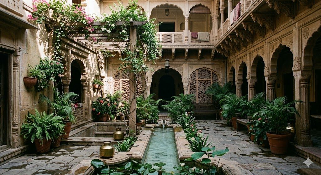 A shaded internal courtyard of an Indian home, with a small water channel, planting, and carved screens casting patterned shade — cool air visibly pooling in the lower court