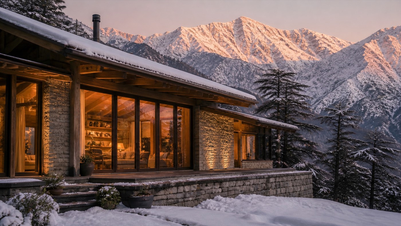 Cold zone — Himalayan home with large south-facing glazing, snow-covered roof, deodar trees, warm interior glow