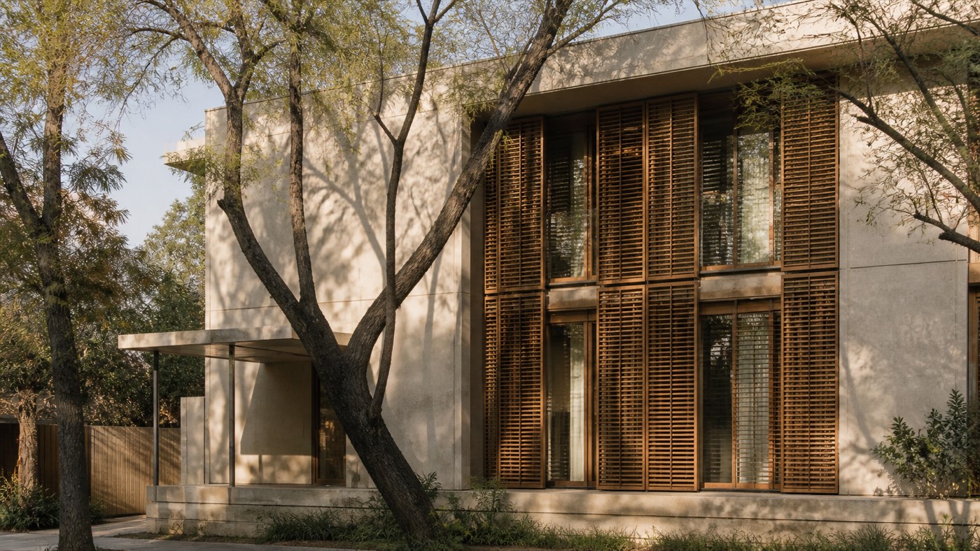 Composite zone — south-facing facade with adjustable timber louvres, mature deciduous trees, dappled winter shade