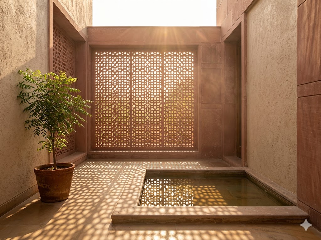 Hot-dry zone — sandstone jali screen filtering harsh sun into a courtyard with reflecting pool, kota stone floor