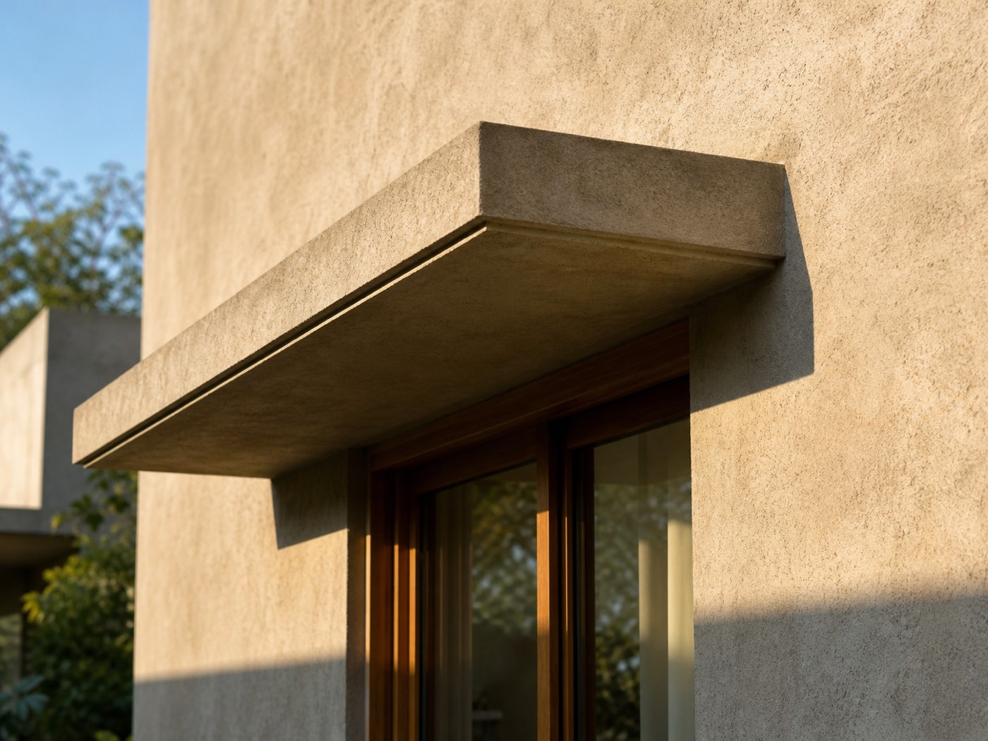 Deep horizontal chajja casting a sharp shadow line across a south-facing wall — solar geometry made visible