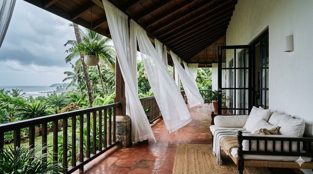 Warm-humid zone — wide deep verandah with billowing white curtains in the sea breeze, terracotta floor, daybed