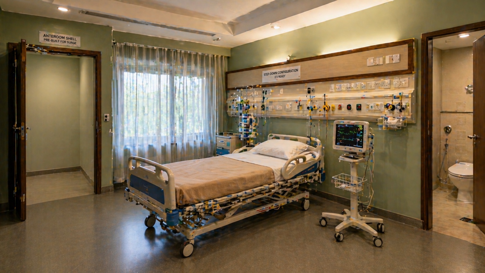 Acuity-adaptable patient room in step-down configuration — pre-installed services with capped outlets ready for ICU activation