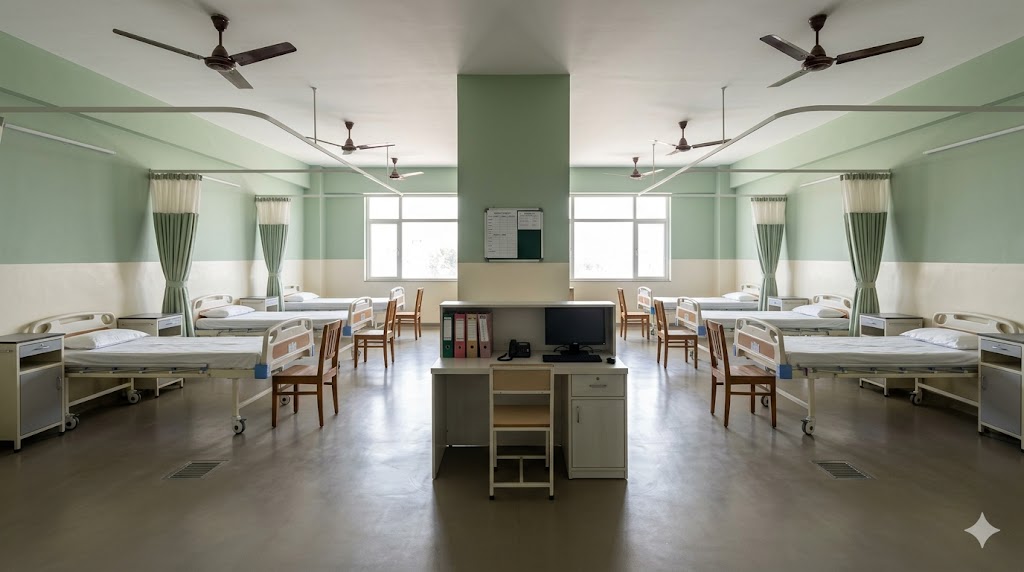 Six-bed cohort ward — privacy curtains drawn open, central nurse station, designed for budget-tier with patient-centred attention