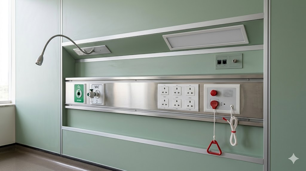 Patient room headwall detail — integrated service rail with gas outlets, power, nurse-call, network ports, reading and examination lights