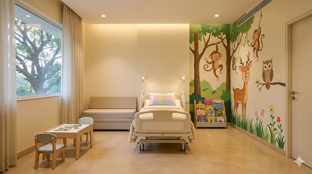 Paediatric patient room — child-friendly mural, parent rooming-in day-bed, play area, MusQan-aligned