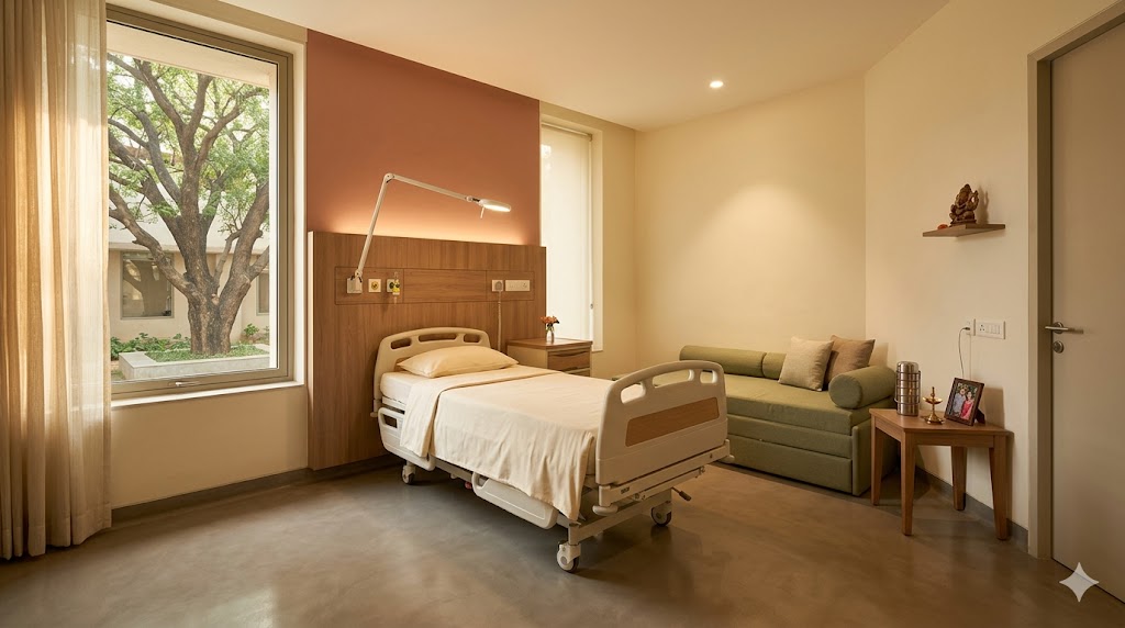 Indian single patient room with family attendant zone — convertible day-bed, religious shelf, tiffin side table, charging point