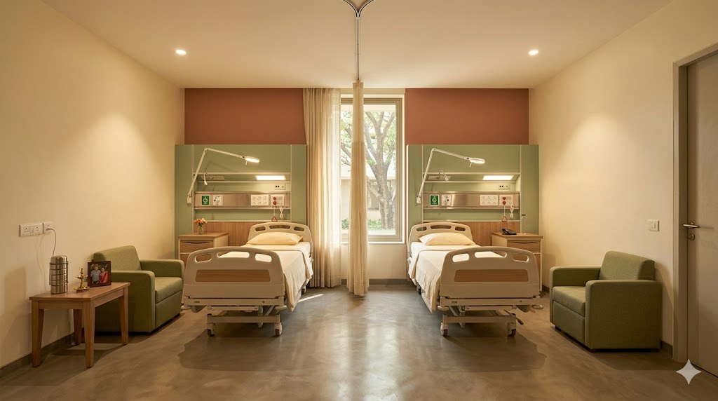 Twin patient room — two beds with privacy curtain track, shared ensuite, dignified shared accommodation
