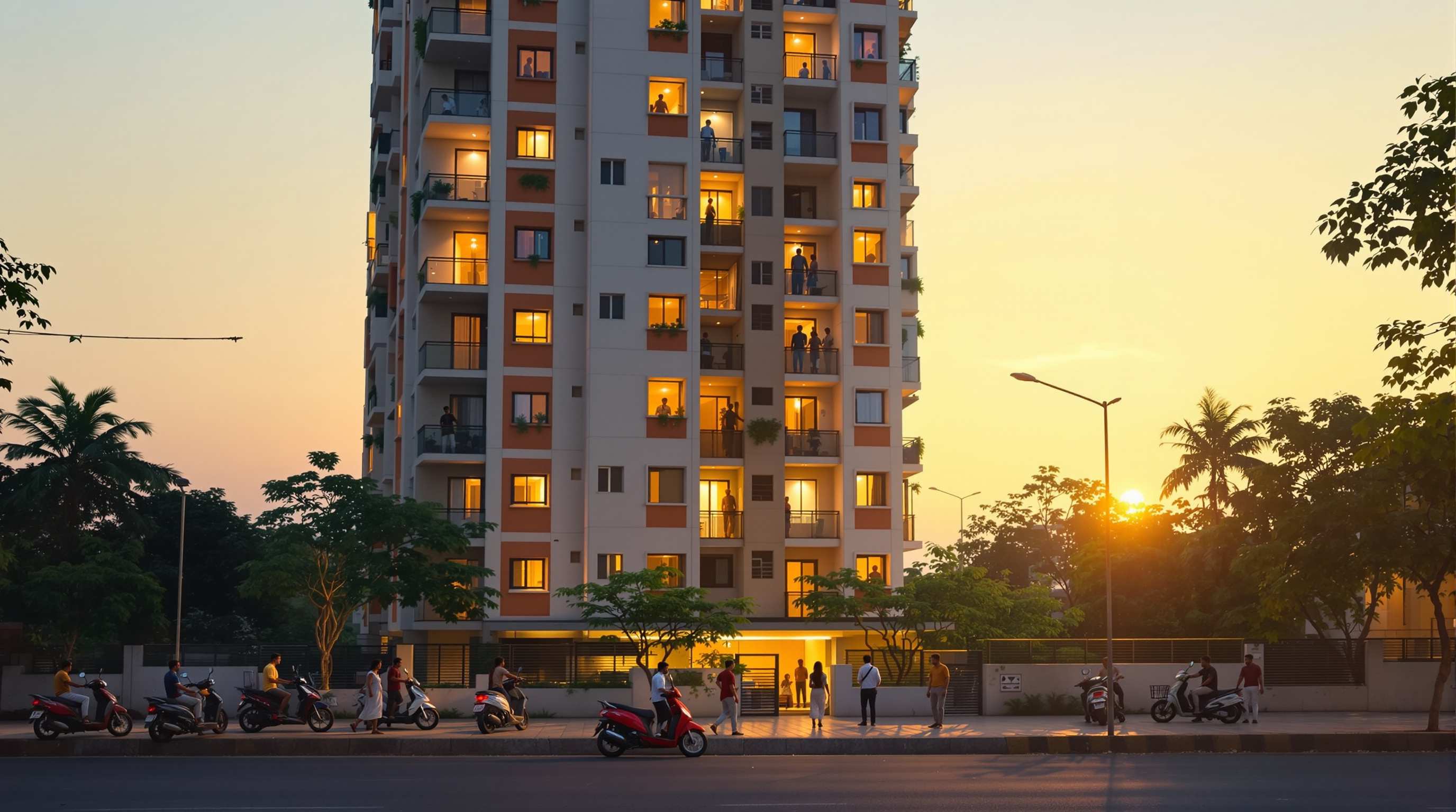 Morning rush at an Indian residential apartment tower as residents get ready for work, implying a surge in water use