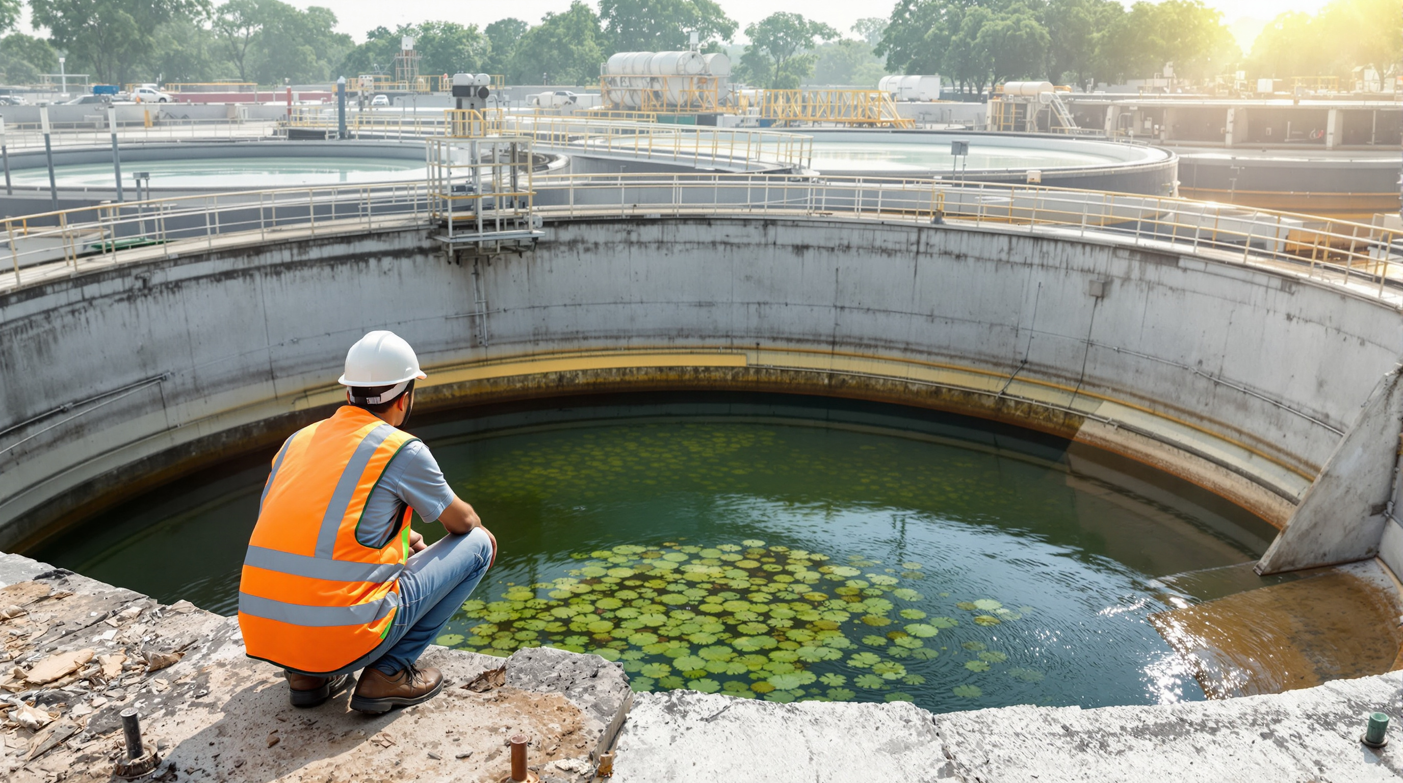 Indian STP operator inspecting a circular secondary clarifier with a rotating weir at a sewage treatment plant