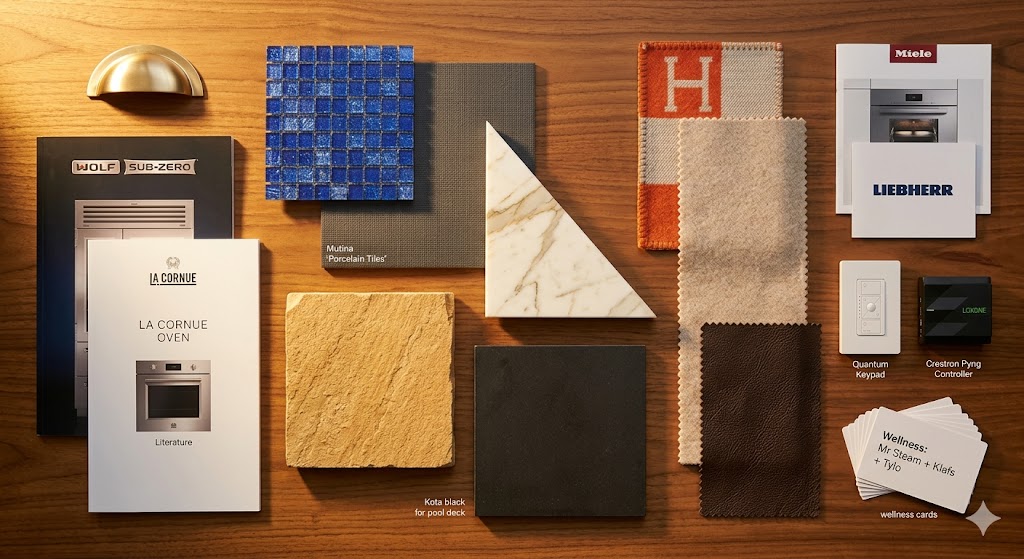 Material flat lay showing book-matched Calacatta marble, American black walnut veneer, brushed bronze hardware, Boffi cabinet sample and Schueco mullion section for an Indian penthouse fit-out