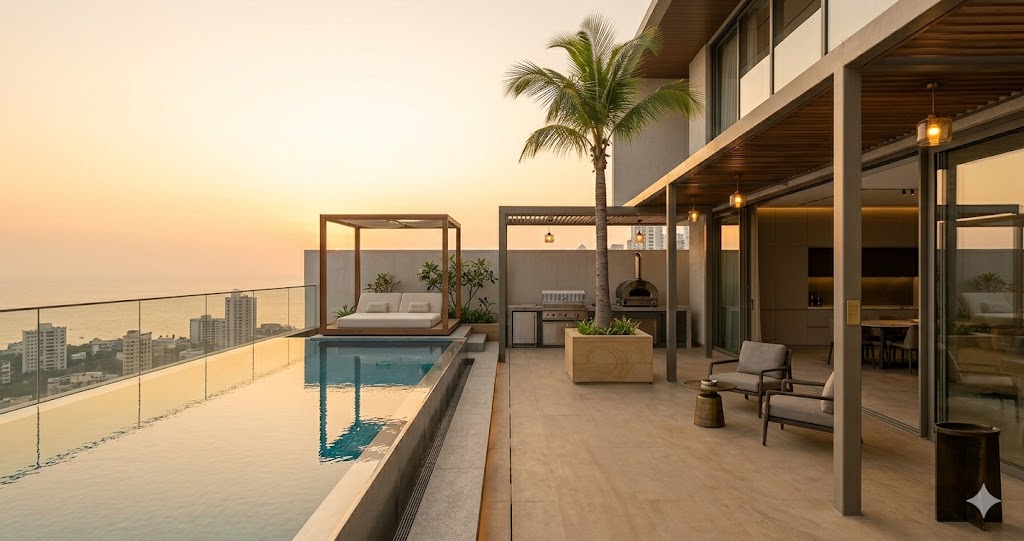 Plan and 3D view of a 6,500 sqft Lodha Park penthouse showing double-height living, master suite, wellness floor and 1,800 sqft terrace with infinity pool
