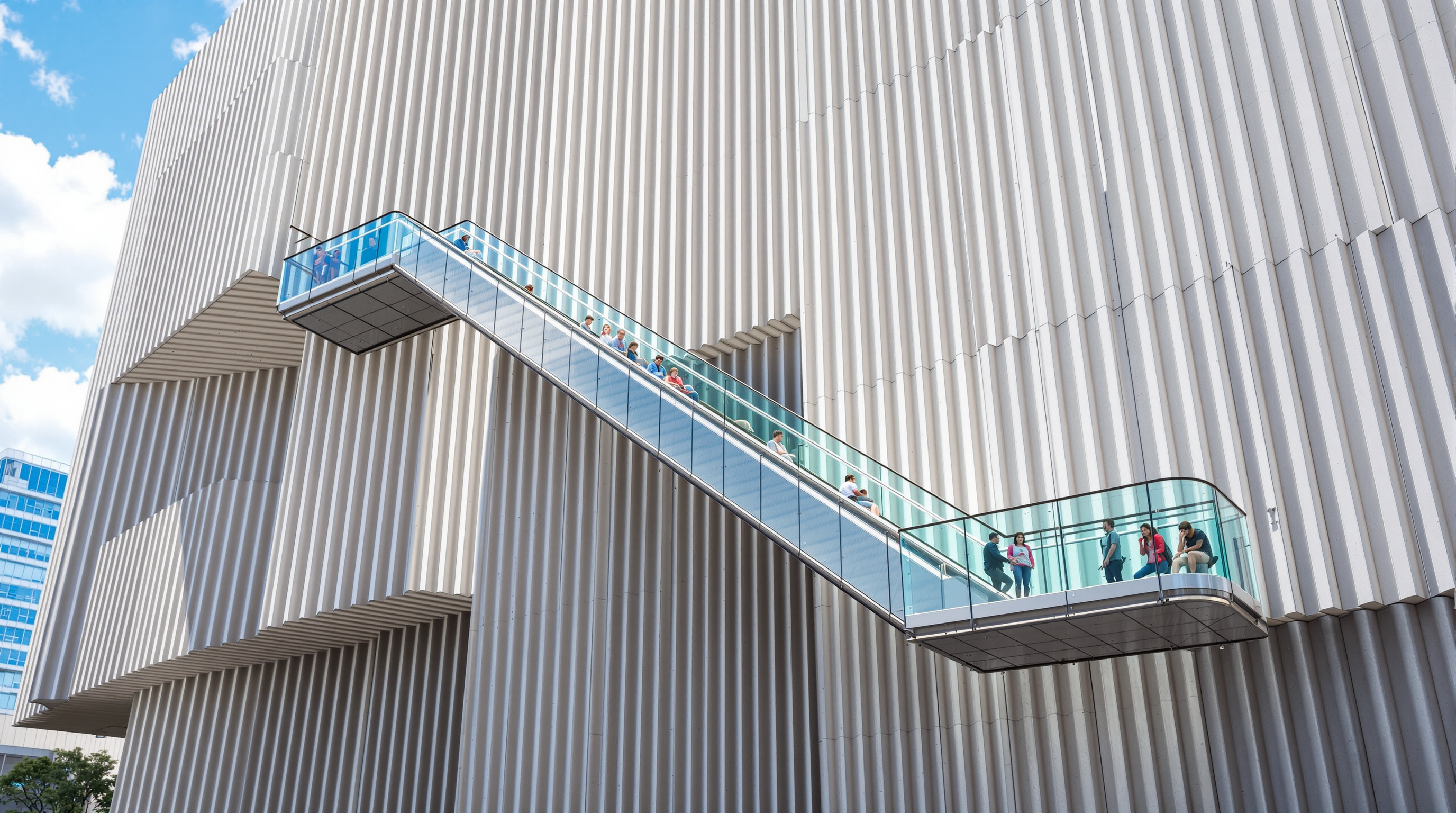 The exterior glass-enclosed escalator of the Perot Museum climbing diagonally up the ribbed concrete cube, visitors riding inside the transparent tube against a bright Texas sky, the striated grey facade looming beside it