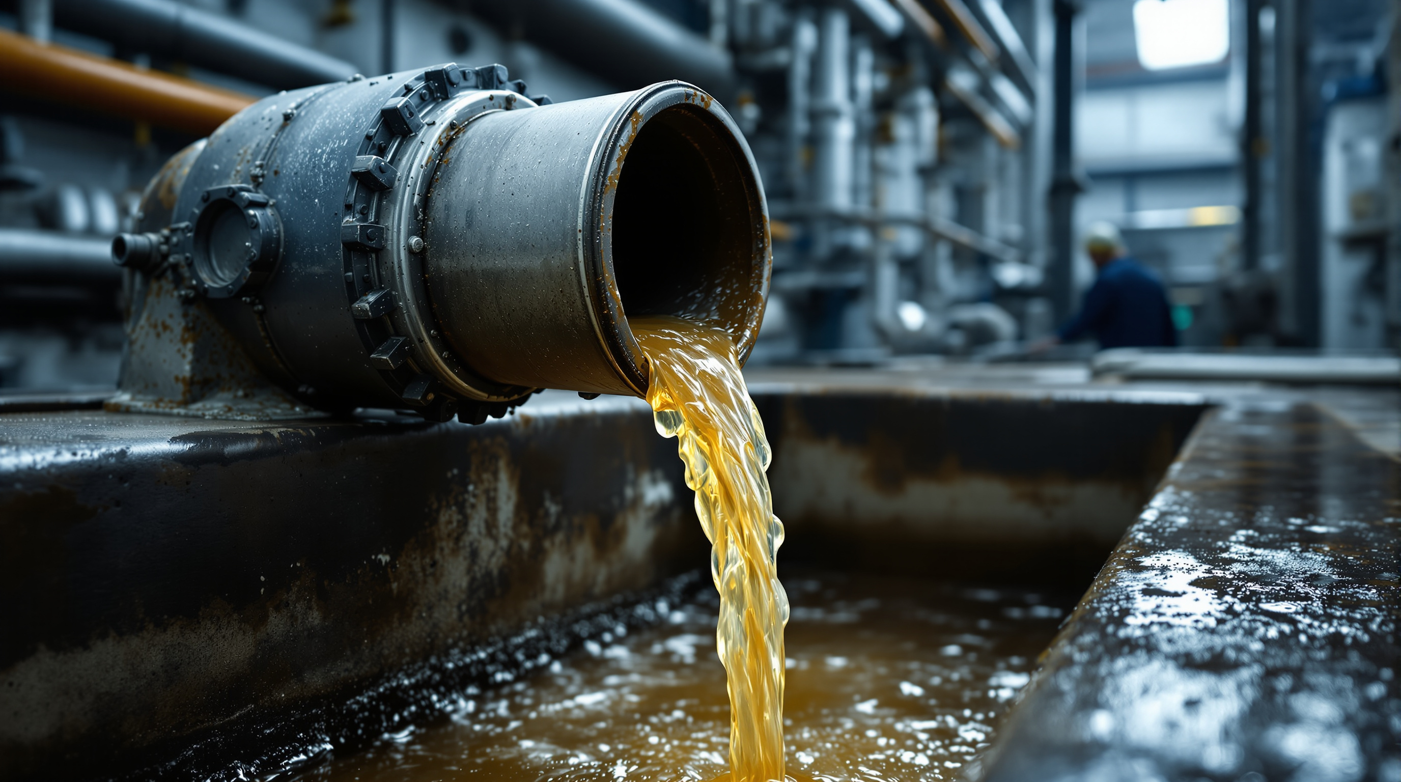 Dark, foaming pharmaceutical effluent discharging from a stainless steel reactor drain pipe into a collection channel at an Indian bulk-drug plant