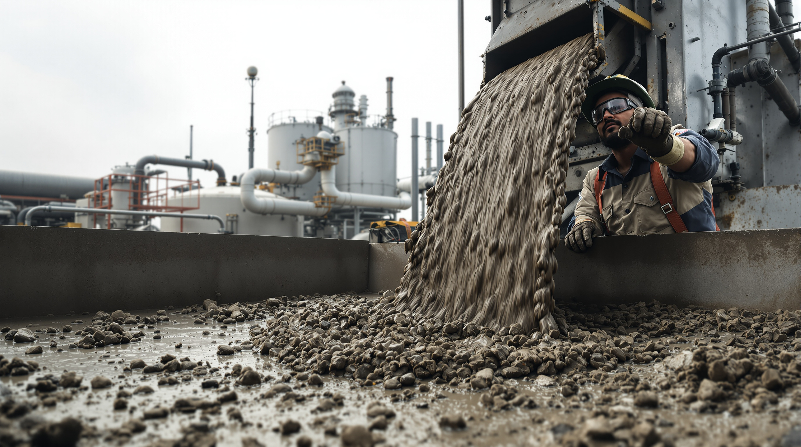 Indian plant operator in hard hat and gloves inspecting dewatered hazardous chemical sludge on a filter press at an effluent treatment plant