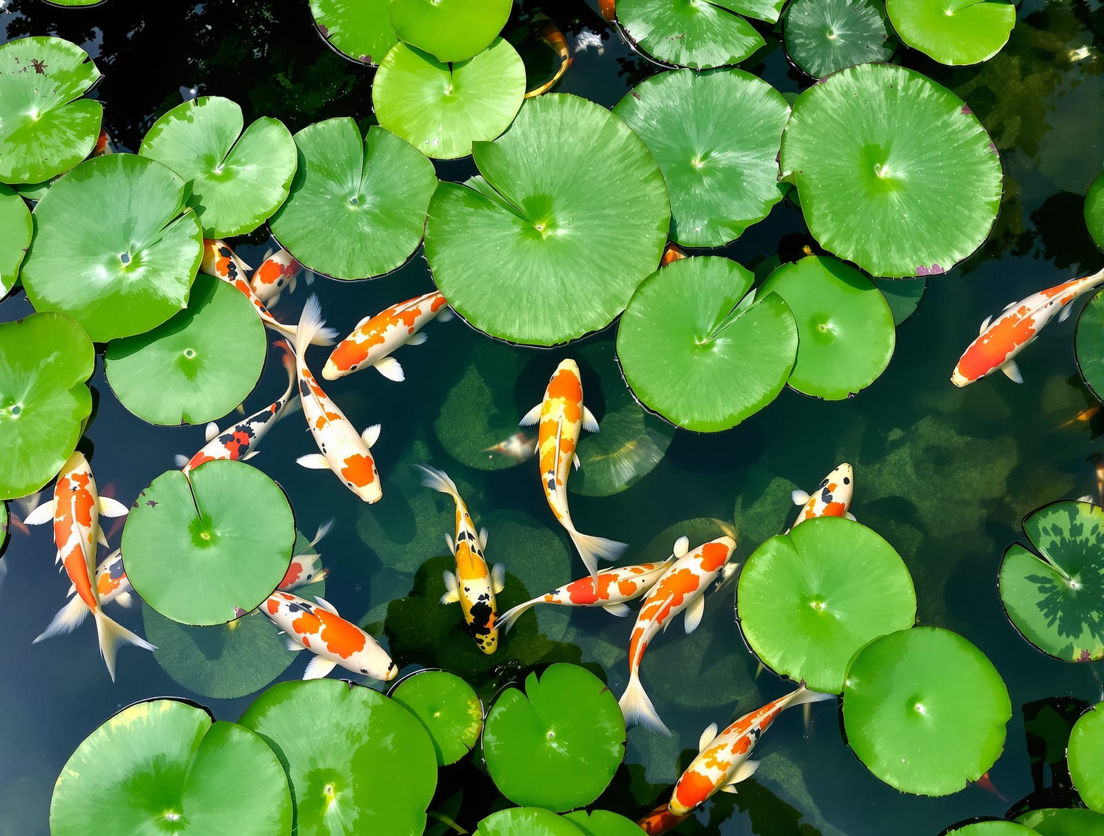 Close view of orange and white koi fish swimming among water lily pads in a clear garden pond