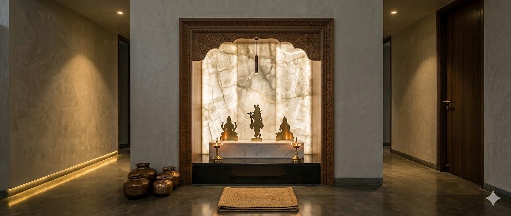 A contemporary Indian apartment pooja niche carved into a foyer wall — backlit white onyx altar back, three brass deity silhouettes in a row, two diyas on a polished black granite counter, narrow accent spotlight from above, folded jute mat in the foreground for seated puja