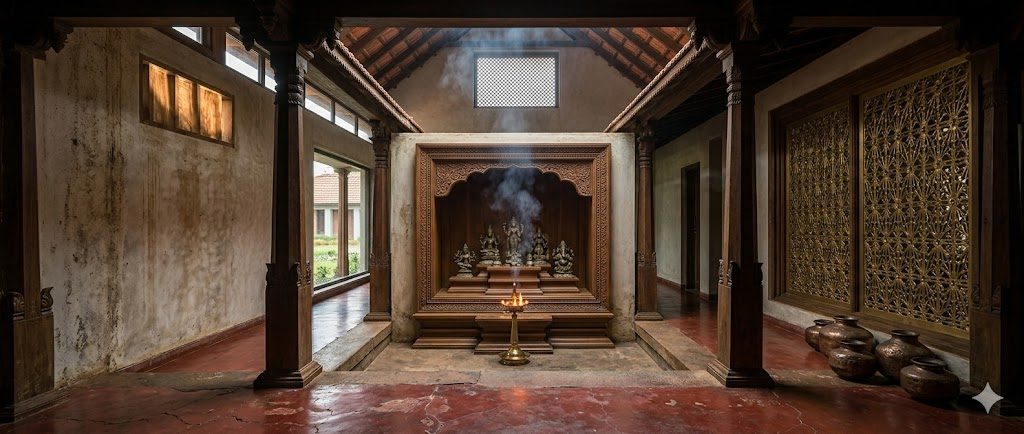 A traditional Kerala-style pooja room inside a heritage nalukettu home — hand-carved teak altar, panchaloha idols on a stepped pedestal, a single oil lamp burning at the front edge, smoke rising toward a high jaali ventilator, red oxide floor in the foreground