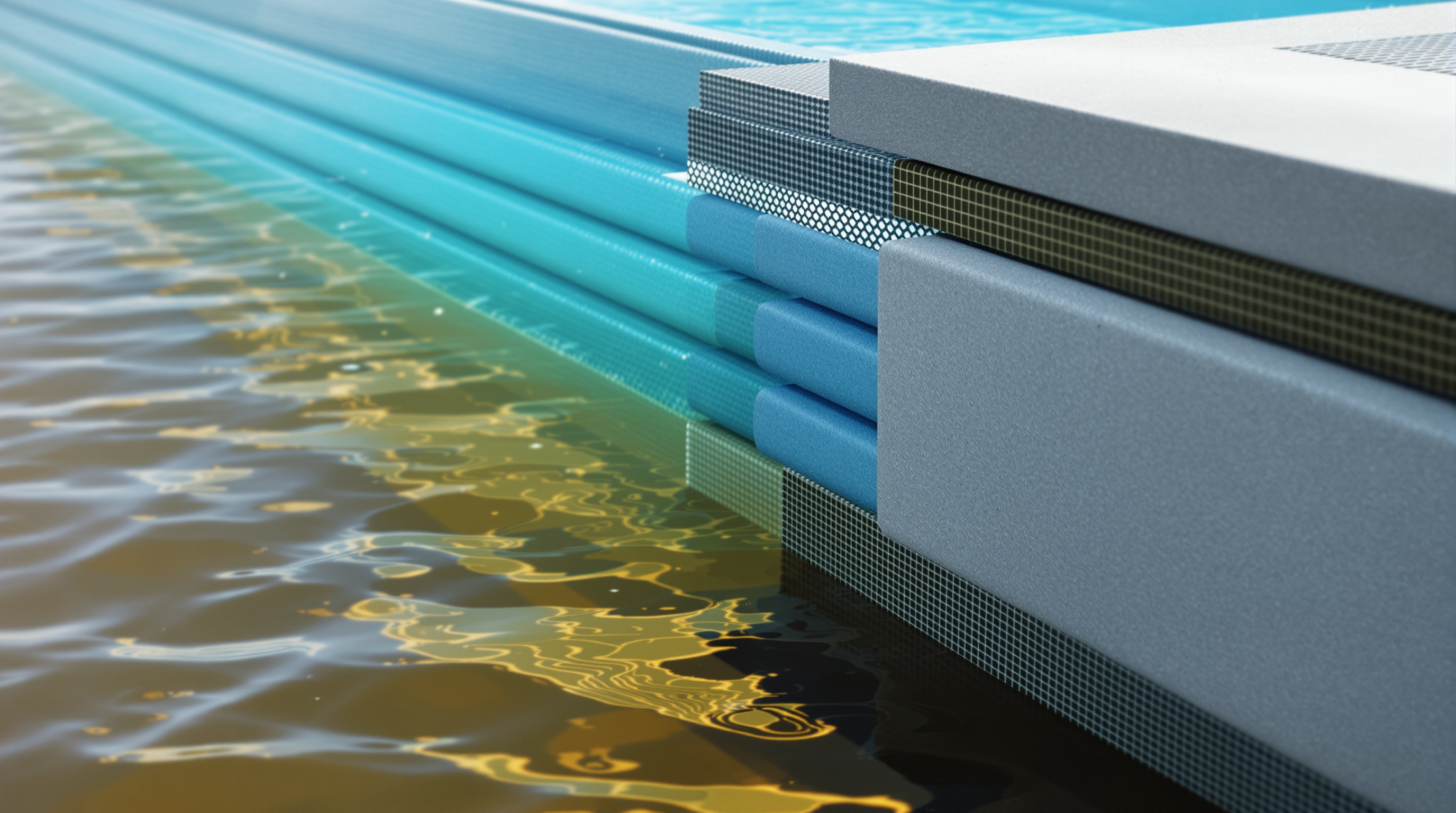 Detail view of the +POOL wall assembly at the waterline, showing the layered filtration membranes packed into the pool's structural edge, with murky East River water on one side and clear blue swimming water on the other, and morning light on the harbour surface