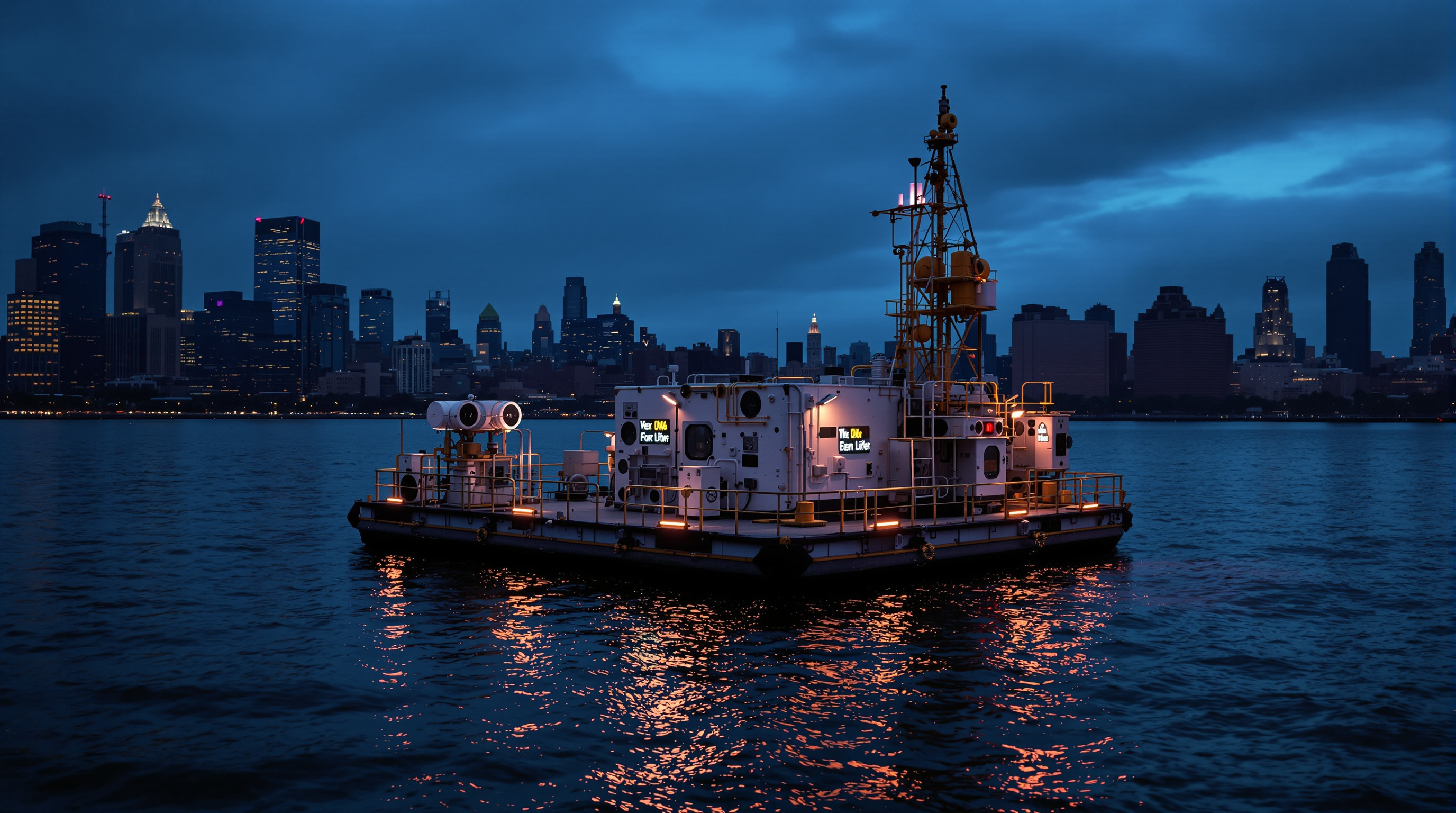 The small floating Float Lab test platform moored on the East River at dusk, its instruments and sampling equipment visible, glowing with monitoring lights against the dark water and the distant lights of the Manhattan skyline