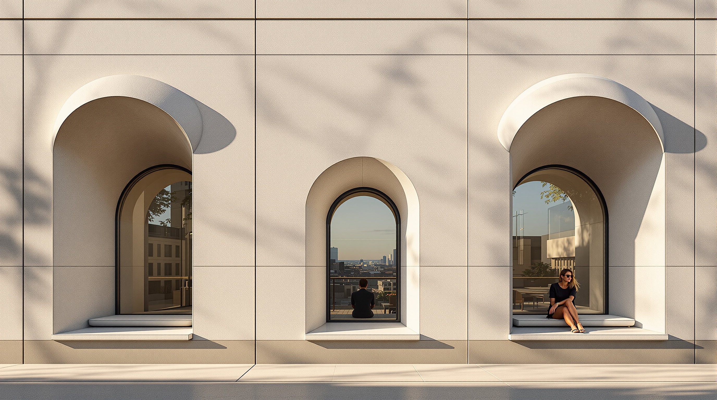 Detail of the Populus facade in raking afternoon light, showing three differently sized lens-shaped windows, each with a projecting hooded concrete lid casting a crescent shadow, one window flaring inward to become a cushioned seat where a guest sits looking out over Denver
