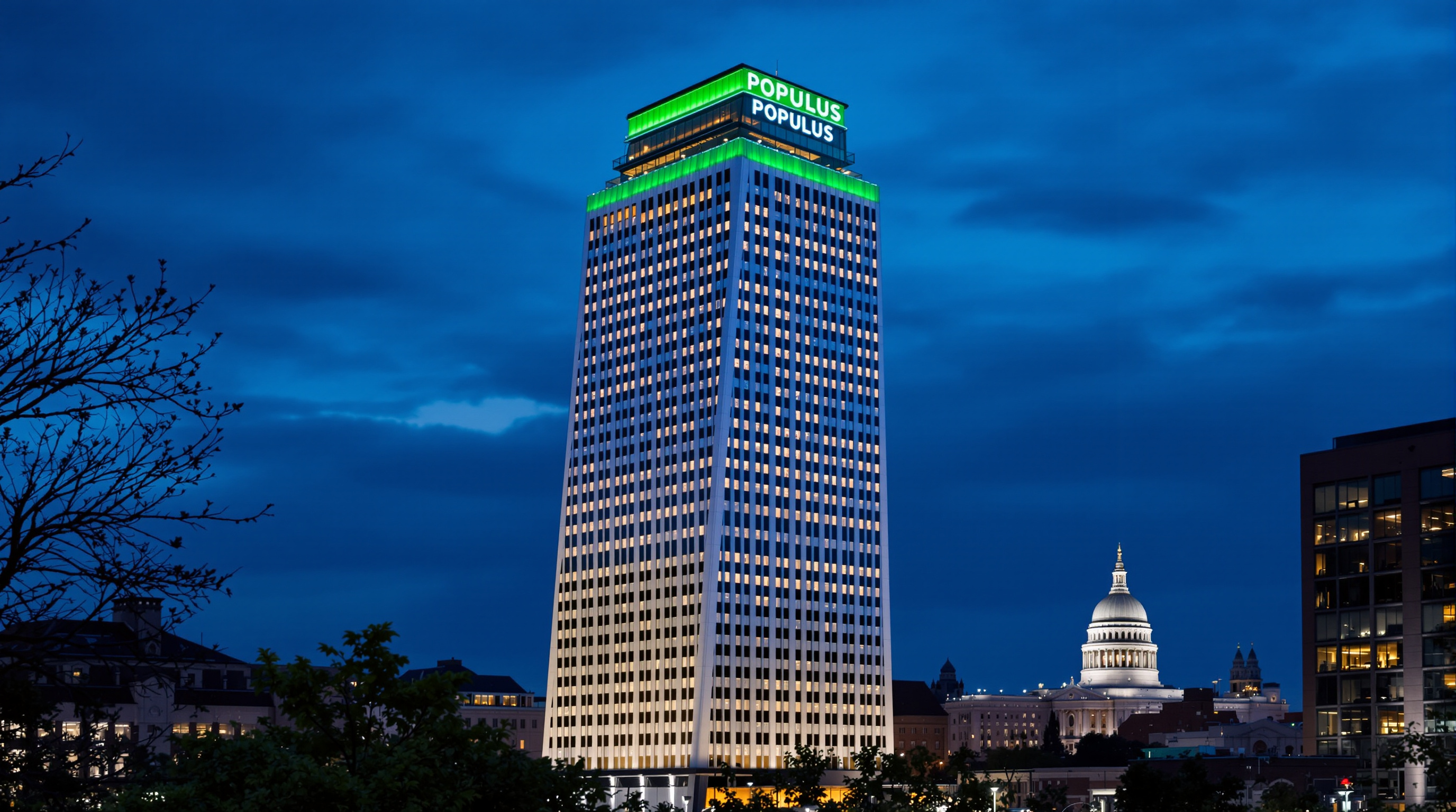 The Populus tower seen from Denver's Civic Center Park at dusk, its full tapering triangular massing visible against a darkening sky, the green rooftop bar glowing at the crown and hundreds of lit window-eyes across the pale facade, with the Colorado State Capitol dome nearby