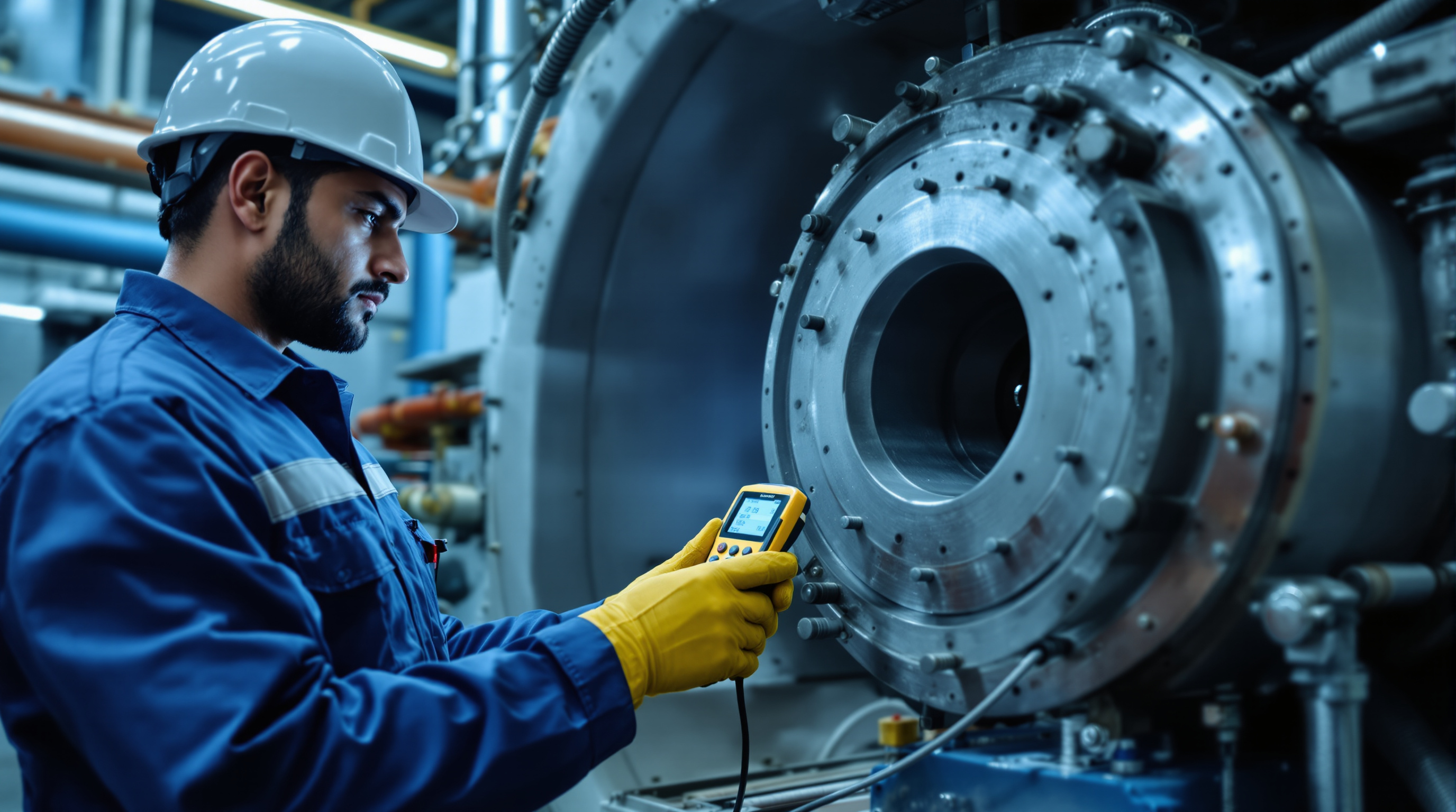 An Indian STP technician holding a handheld vibration meter against the bearing housing of a running air blower, reading its display
