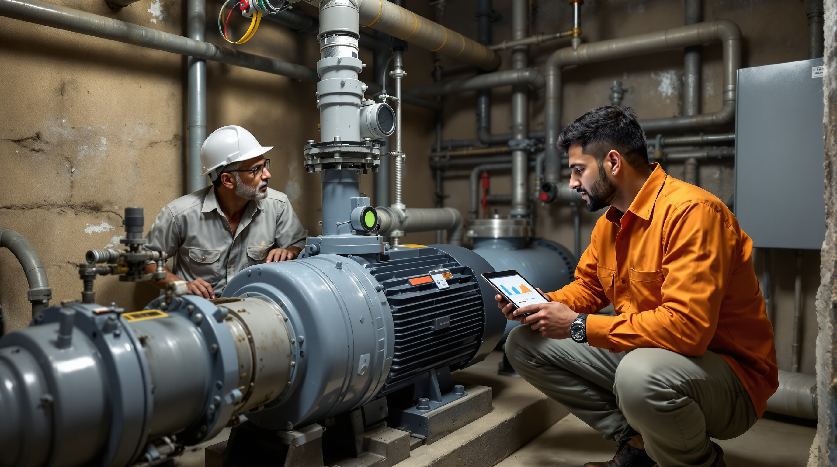 Two Indian STP operators fitting a small wireless sensor onto a raw sewage pump motor while one notes readings on a tablet