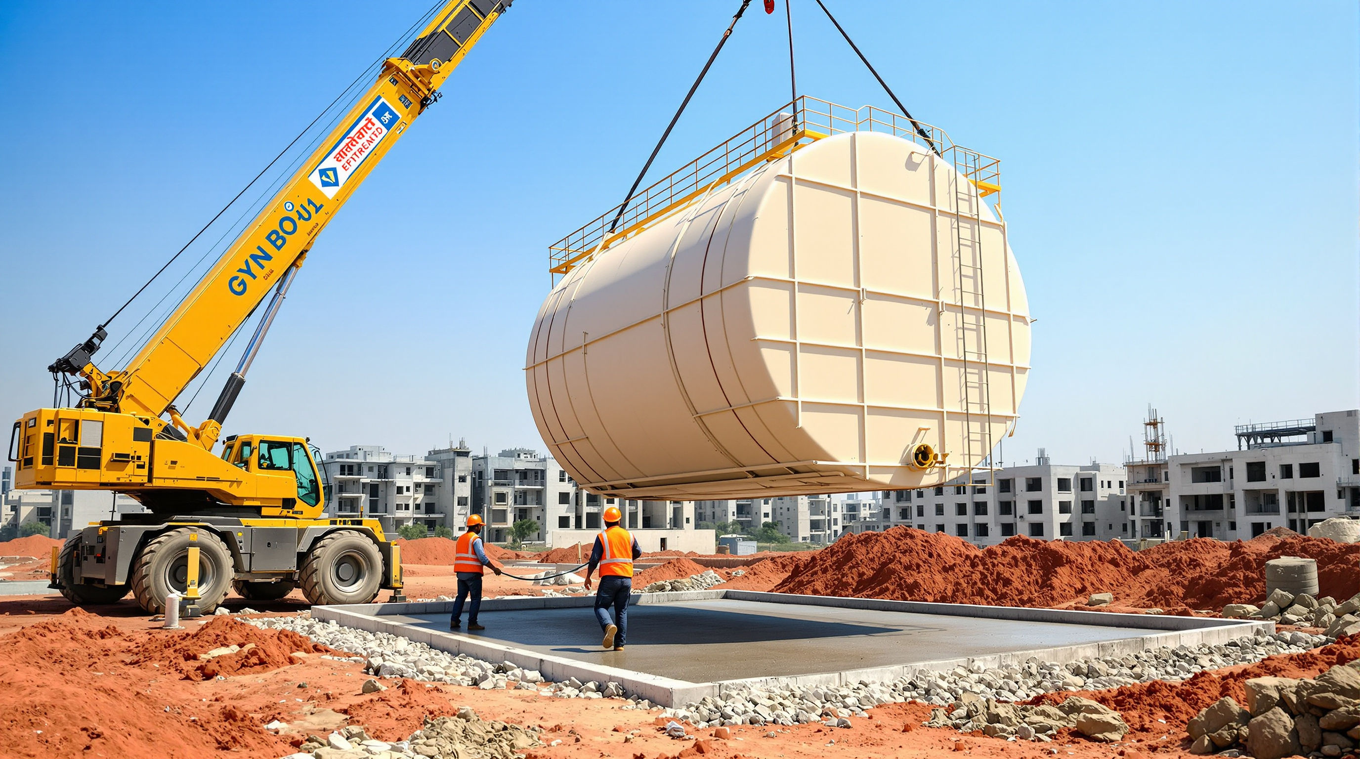 A mobile crane lifting a large cylindrical fibre-reinforced-plastic packaged sewage treatment unit onto a concrete pad at an Indian construction site