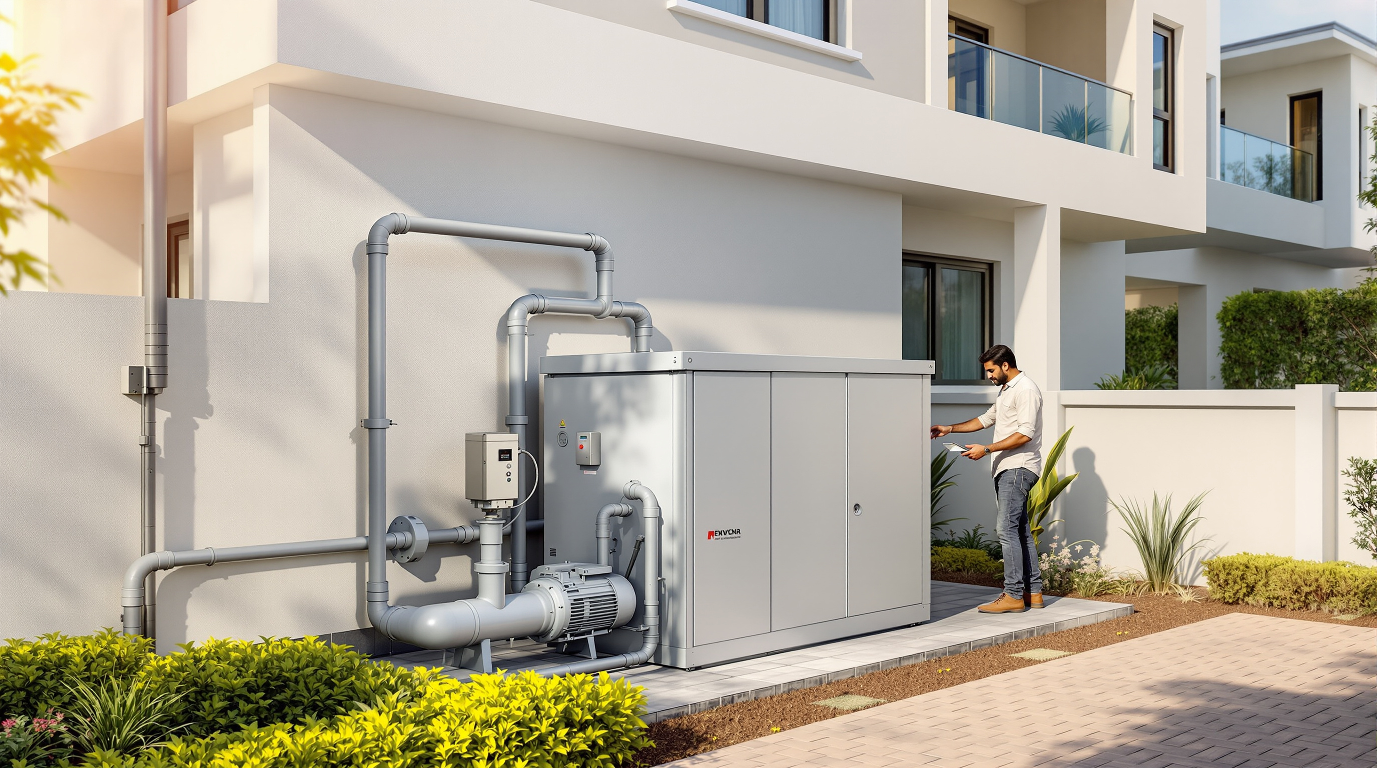 A compact factory-built packaged STP with neat pipework and a control panel installed in a landscaped corner beside a modern Indian villa