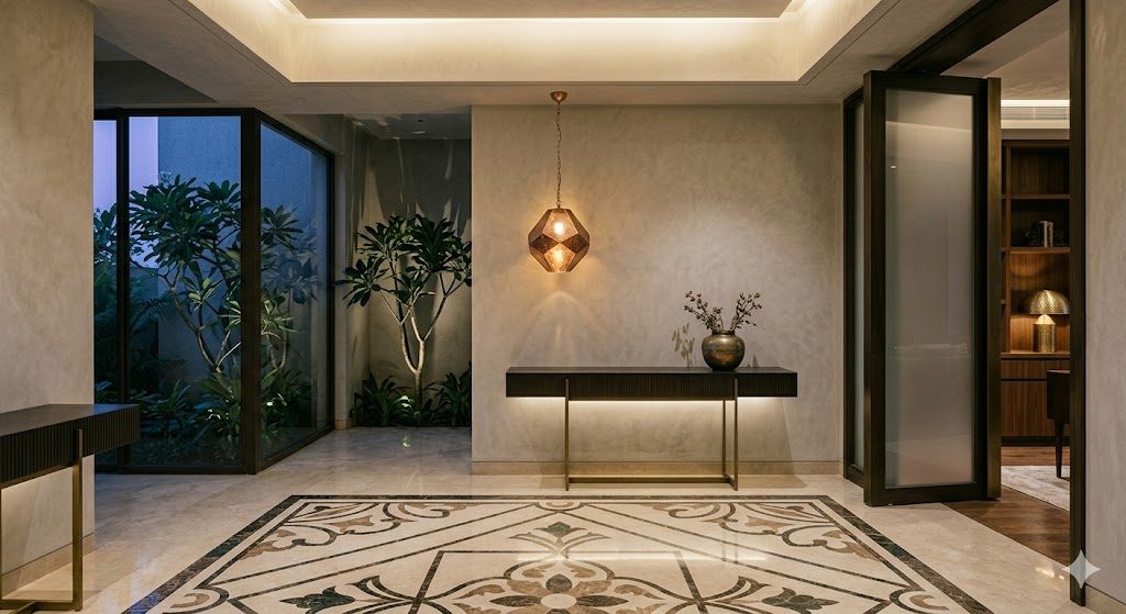 Documentary photograph of a luxury Indian apartment entrance foyer at dusk — Italian marble floor inlay, a slim veneer console with a single sculptural pendant, soft cove glow and a restrained, expensive palette