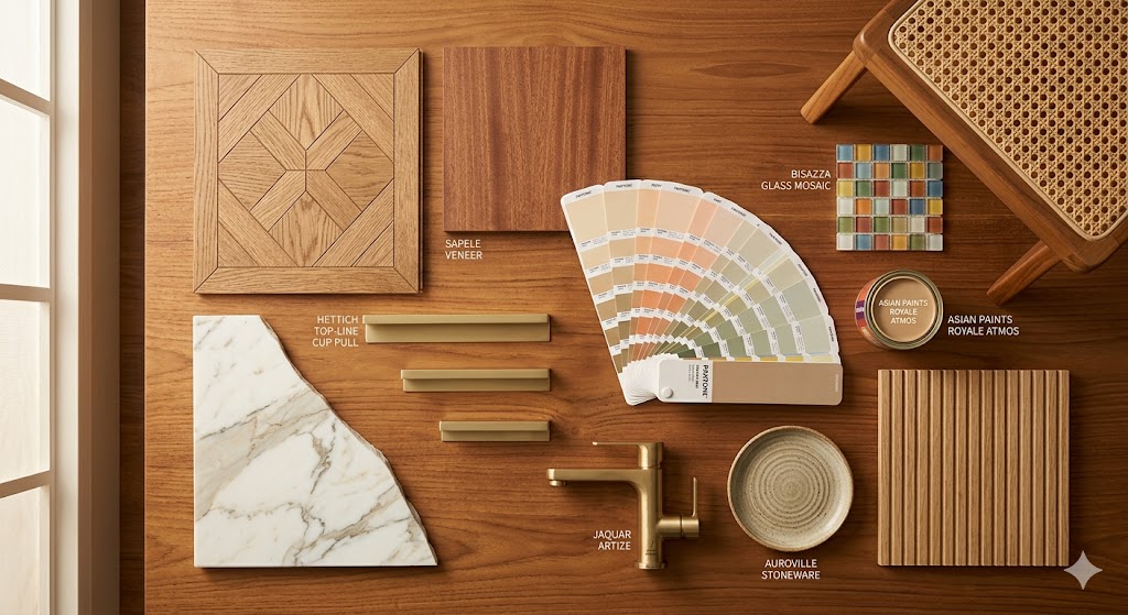 Inline materials montage — engineered oak plank end-grain, Sapele veneer sample, Indian Statuario marble offcut, brushed brass and PVD gold hardware, wool sisal weave swatch