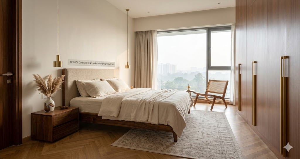 Inline view of the worked-example Whitefield 3 BHK at completion — engineered oak flooring continuing through living-dining-passage, fluted veneer TV unit, Phantom Hands sofa, Jaipur Rugs wool runner, brushed brass pendants over the dining table