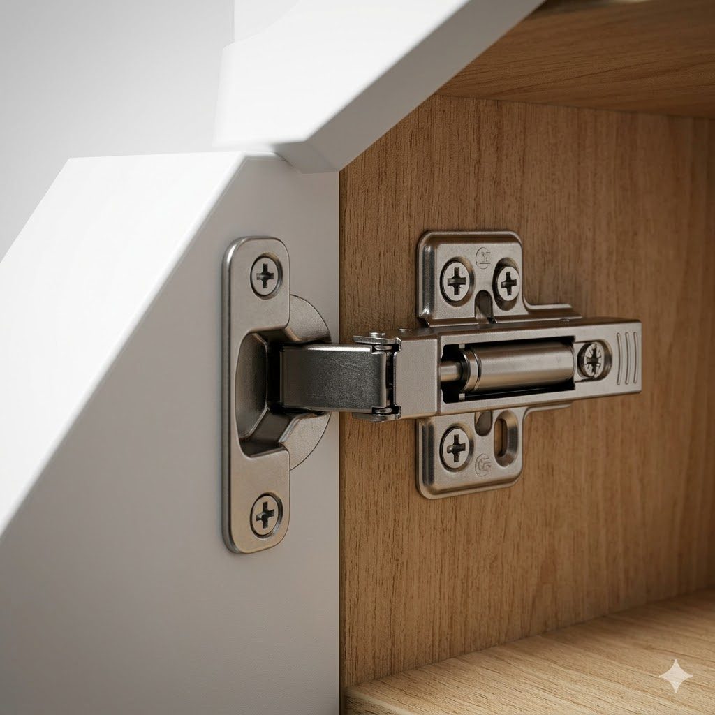A macro of a single soft-close concealed hinge mounted to a half-opened shutter — the damper cylinder, mounting plate and adjustment screws visible in branded Blum or Hettich style, the MR-grade plywood carcase interior in the background, the shutter edge with a crisp 2 mm ABS edge band